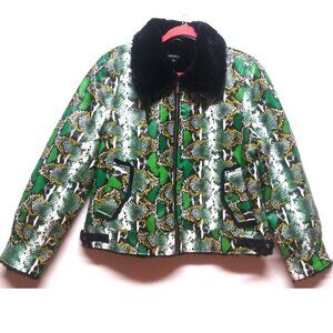 NEW MOD-X Bomber Jacket SNAKE REPTILE PRINT Womens XL Green black FAUX FUR LINED